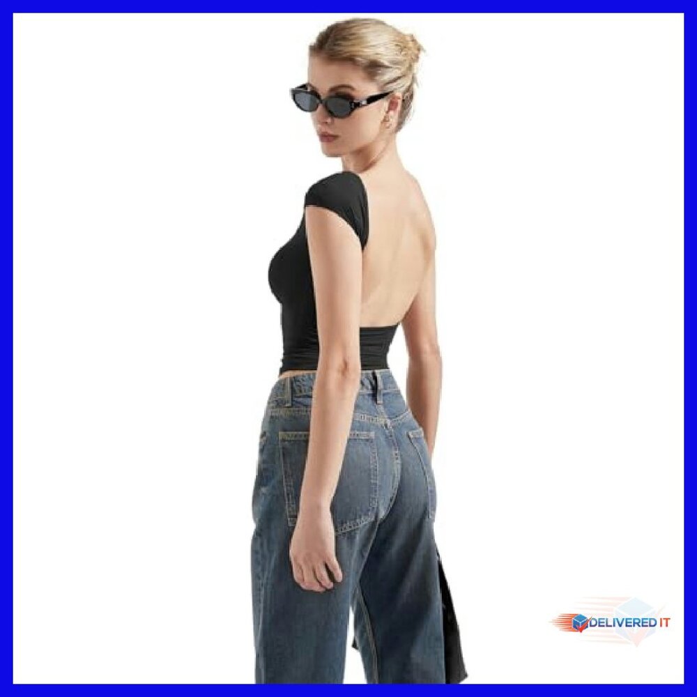 Double Lined Backless Crop Top Y2K Basic Tee Slim… - image 3
